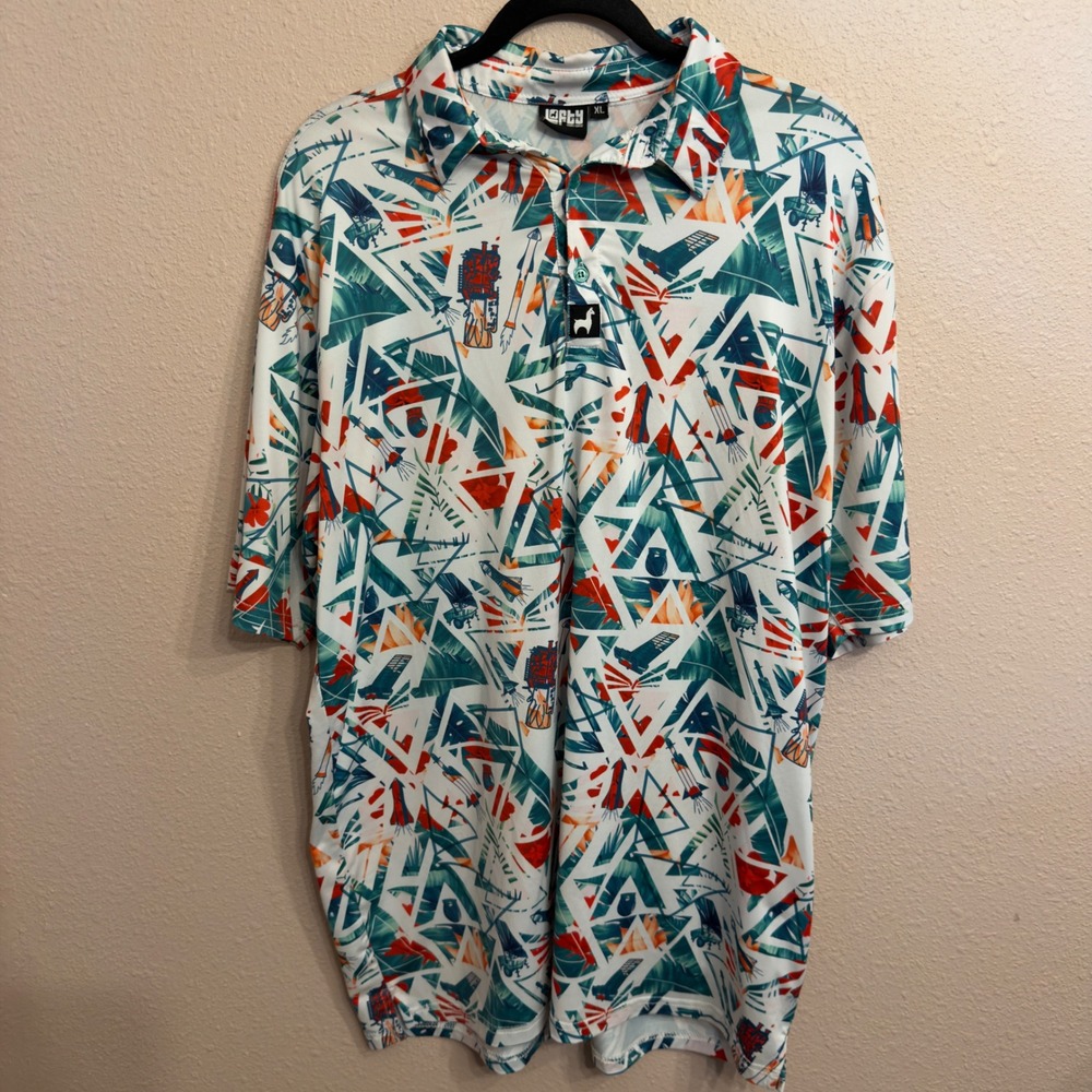 Lofty Llama Mens XL Golf Polo Rocket Space Tropical Print Performance Stretch